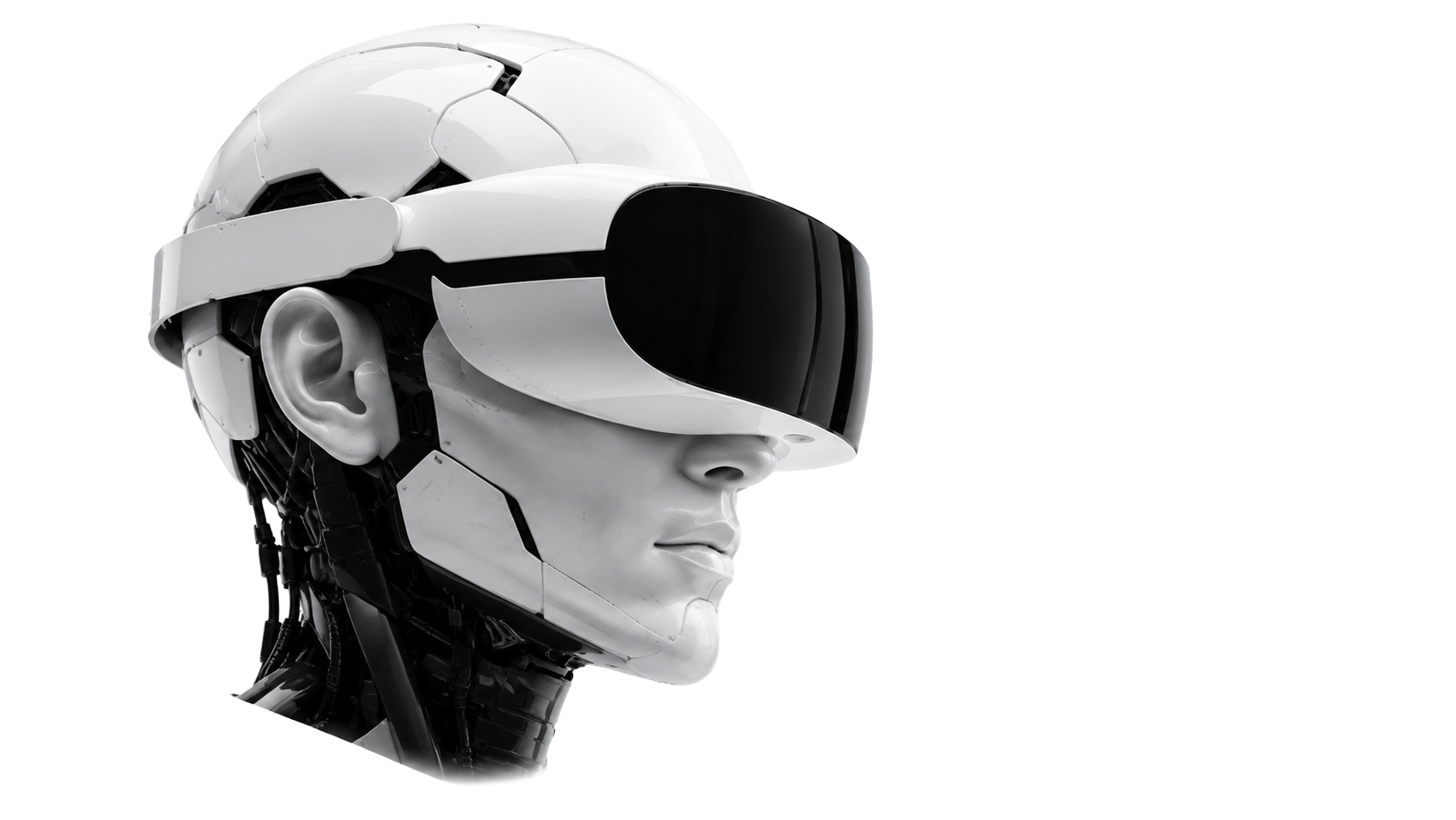 Pessoa com capacete tecnológico em estética futurista monocromática.